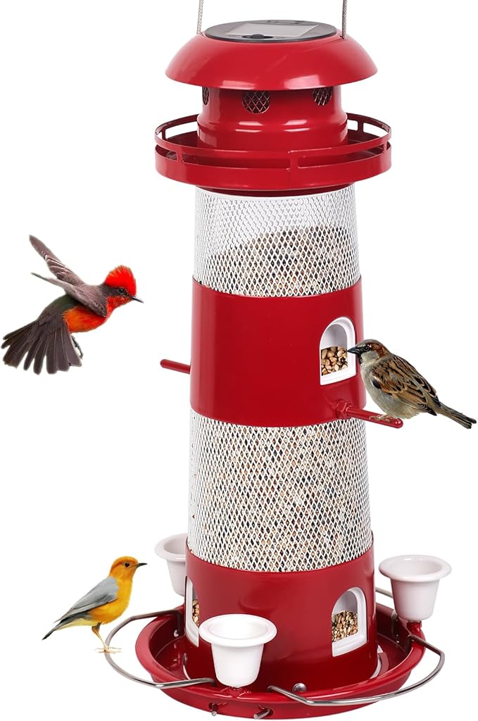 Bird Feeders for Outside, Solar Wild Bird Feeder for Outdoors Hanging, 2.3lbs Metal Birds Seed Feeders with 5 Feed Ports Large Capacity Container Drinking Cups for Wild, Finch