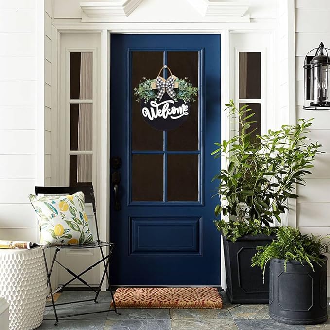 Welcome Sign for Front Door, Front Door Decor for Farmhouse Porch, Rustic Welcome Wreaths with Stapled Greenery, Round Wooden Hanging Sign Housewarming Gift for Home Outdoor Indoor (Black)…
