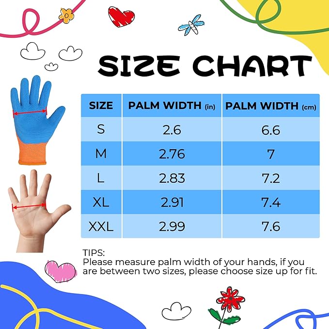 HANDLANDY 3 Pairs Kids Gardening Gloves Latex Free, Nitrile Coated Children Toddler Garden Yard Work Gloves for Little Girls Boys (Size S, Black-Orange)