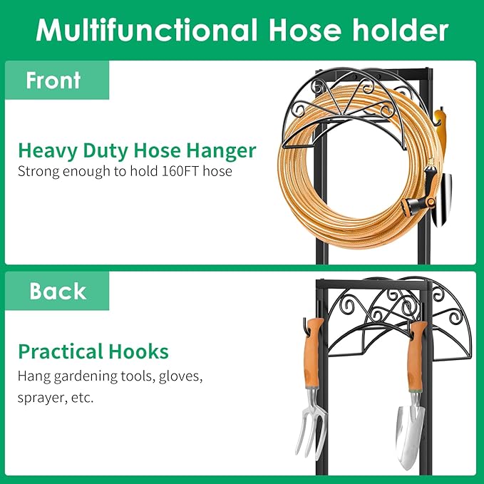 TomCare Garden Hose Holder with Shepherds Hooks Heavy Duty Water Hose Holder Holds 160 FT Hoses Freestanding Hose Reel with 2 Tool Hooks Stable Hoses Hanger Storage Stand for Outside Yard, Black