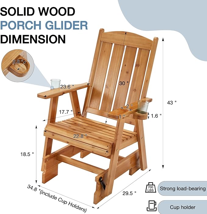 HOMREST Wooden Patio Glider Bench Chair Set with Cup Holders Outdoor Loveseat Glider with Ergonomic Deep Contoured Seat and High Roll Back, Heavy Duty 800LBS for Garden Porch Balcony, Brown