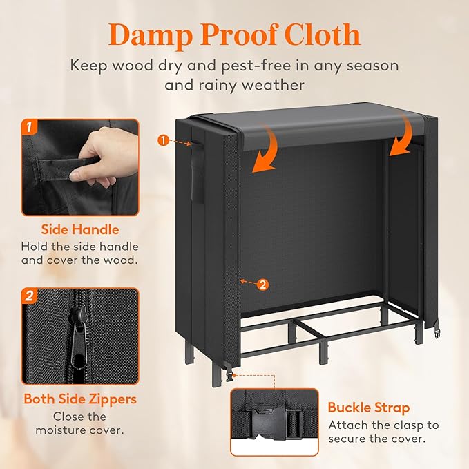 Lifewit 4 FT Firewood Rack Outdoor with Waterproof Cover, Indoor/Outdoor Wood Storage with Side Pocket, Heavy Duty Firewood Holder for Fireplace, Fire Pit, Black, 122 x 59 x 122 cm/48 x 23 x 48 inch