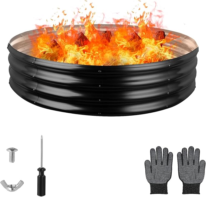 48 Inch Round Galvanized Fire Pit Ring, Round Galvanized Fire Ring, 4 Feet Diameter Round fire Pit, Outdoor fire Pit for Backyard, Camping, Bonfire, Black