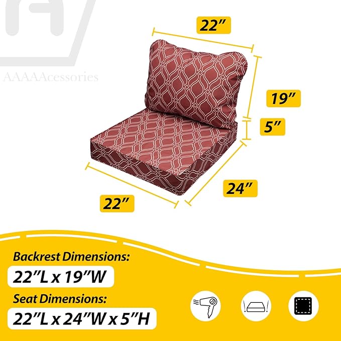 AAAAAcessories Outdoor Seat Cushions for Chairs, Fade-Resistant, Waterproof Patio Furniture Replacement Cushions, 22" x 24" x 5" + 22" x 19", Clay Red Vine Trellis