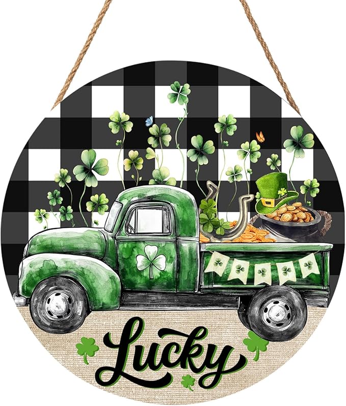 St. Patrick's Day Green Lucky Truck Door Sign For Front Door Decor,Shamrock Clover Buffalo Plaid Check Wooden Sign 12"x 12" Round Farmhouse Irish Hanging Door Sign Decoration for Wall Rustic Decor