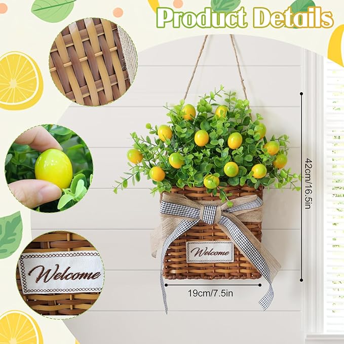 Yellow Lemon Wreath Summer Welcome Door Hanger Basket Wreath, Artificial Spring Summer Wreaths with Green Leaves Door Wreaths Farmhouse for All Seasons Outside Front Door Wall Home Decorations