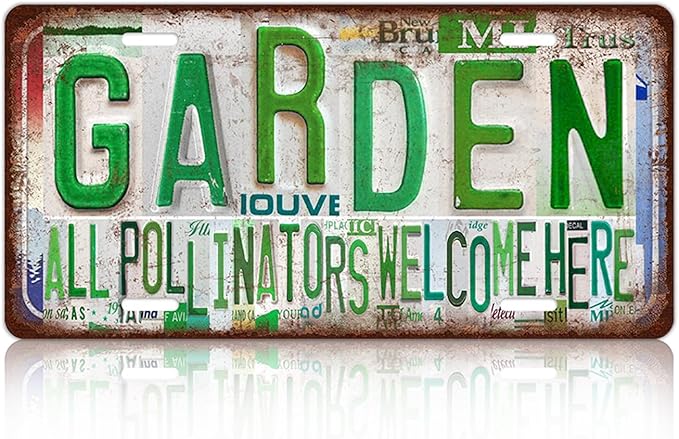 Vintage Garden Metal Tin Sign License Plate Wall Decor for Garden Lover 12 x 6 Inches - all pollinators welcome here