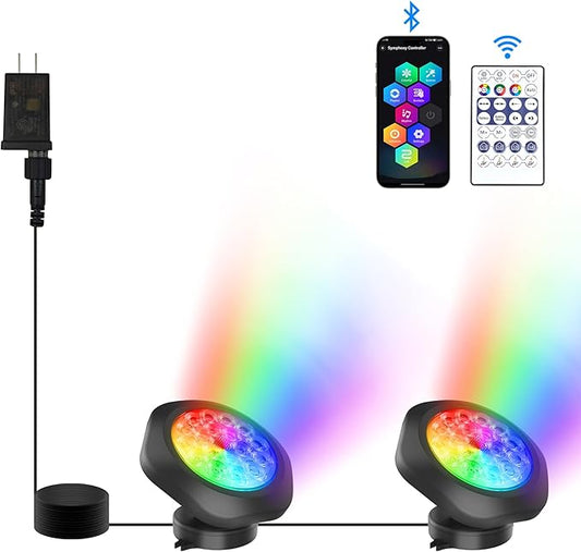 RGB Underwater Pond Lights, Super Bright 18 LED Submersible Fountain Lights,Bluetooth APP Control IP68 Waterproof Color Changing Spotlights for Fish Aquarium Tank Garden Yard Pool(Set of 2)