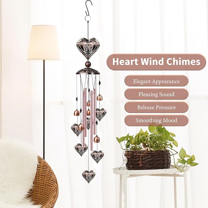 Outdoor Heart-Shaped Wind Chimes, Romantic Valentine's Day Decor with 4 Heart Pendants and Bells, Valentines Day Gifts, Decorative Copper Windchimes, Birthday Gifts for Her, Mom, Grandma