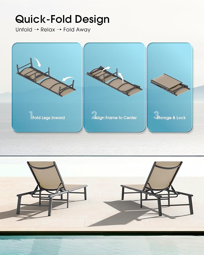 Ciokea Foldable Outdoor Lounge Chair Set of 2, No Assembly Aluminum Chaise Lounge Outdoor with 5 Adjustable Positions, Pool Lounge Chairs with Portable Design for Pool, Beach, Deck, Patio, Khaki