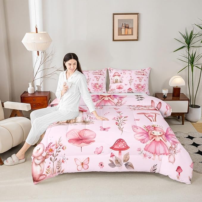 Erosebridal Pink Fairy Garden Queen Comforter Set - Mushroom Floral Bedding Set for Girls Kids, Pink Butterfly Flower Bunny Quilt | Whimsical Fairies Bedroom Decor with 2 Pillowcases