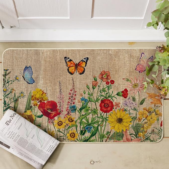 Artoid Mode Wood Flowers Butterfly Spring Doormat, Home Summer Decor Low-Profile Switch Rug Door Mat Floor Mat for Indoor Outdoor 17x29 Inch