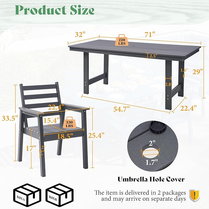 AMERLIFE 7-Piece HDPE Outdoor Dining Set with Umbrella Hole, 71" L Patio Table and Chairs Set for 6, Modern Garden Dining Set for Backyard, Poolside, Porch, Gray