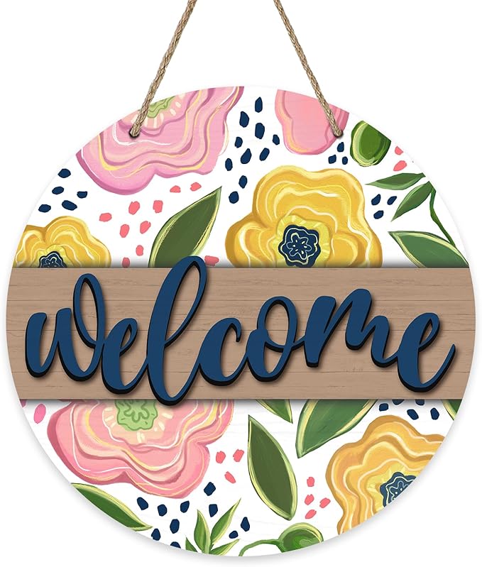 Welcome Spring Summer Flower Front Door Sign, Pink Yellow Floral Wood Door Hanger Outdoor Outside Porch Decor, Farmhouse Wooden Wreath Indoor Wall Hanging Decoration