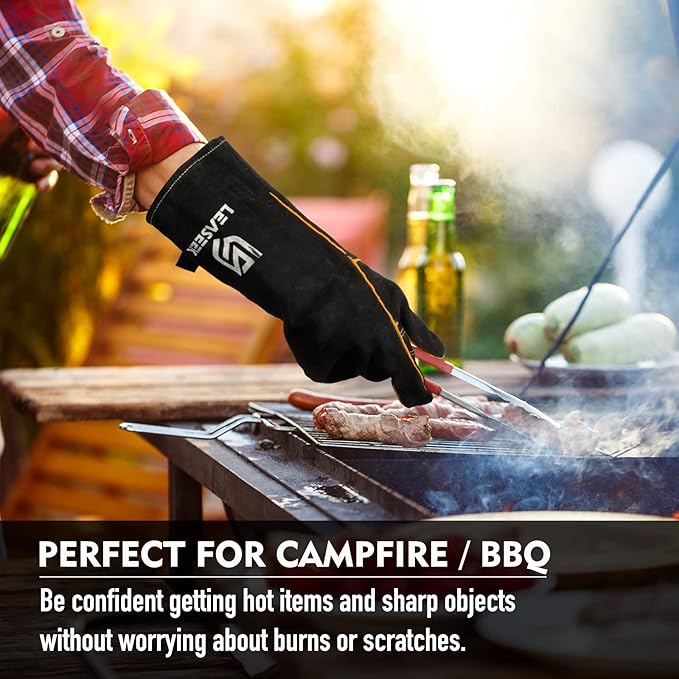 LeaSeek Leather Forge Welding Gloves, Heat/Fire Resistant Barbecue Gloves,Mitts for Fireplace,BBQ,Welder,Grill,Oven,Stove,Tig