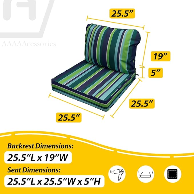 AAAAAcessories Outdoor Seat Cushions for Chairs, Fade-Resistant, Waterproof Patio Furniture Replacement Cushions, 25.5" x 25.5" x 5" + 25.5" x 19", Set of 4, Stormy Teal Coastal Stripe