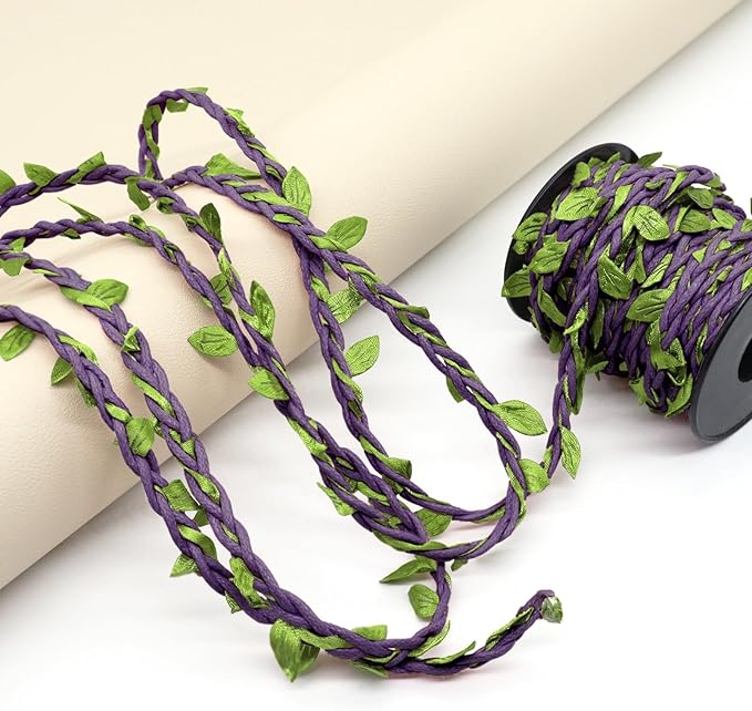 33ft Waxed Twine with Green Leaves, 3-ply Waxed Cord, Artificial Leaves Waxed String for Crafts and Decor (Dark Purple Waxed Twine)