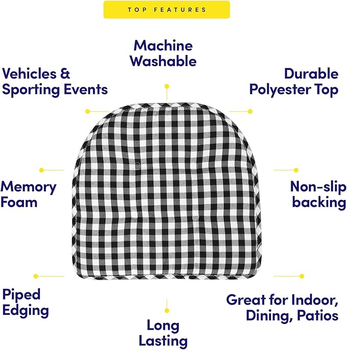 Sweet Home Collection Chair Cushion Memory Foam Pads Tufted Slip Non Skid Rubber Back U-Shaped 17" x 16" Seat Cover, Checkered Black/White 4 Count