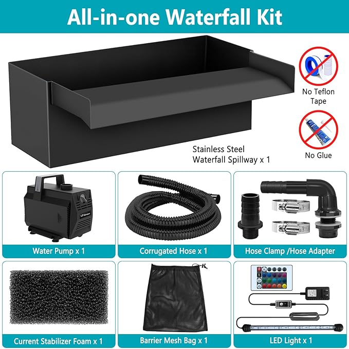 All-in-1 Pond Waterfall Kit with LED Lights, 12 inch Stainless Steel Spillway with 880GPH Water Pump, Outdoor Waterfall Fountain for Water Feature, Garden, Backyard, Pool