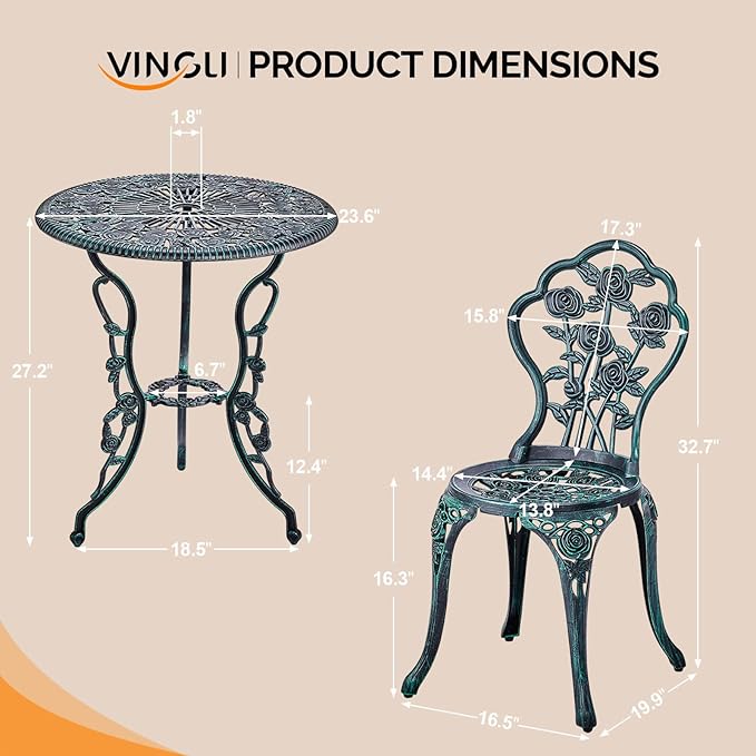 VINGLI 3 PCS Outdoor Bistro Set, Outdoor Patio Set, All-Weather Cast Aluminum Bistro Table Set, Bistro Table and Chairs Set of 2 for Backyard, Garden, Balcony (Green, Rose)