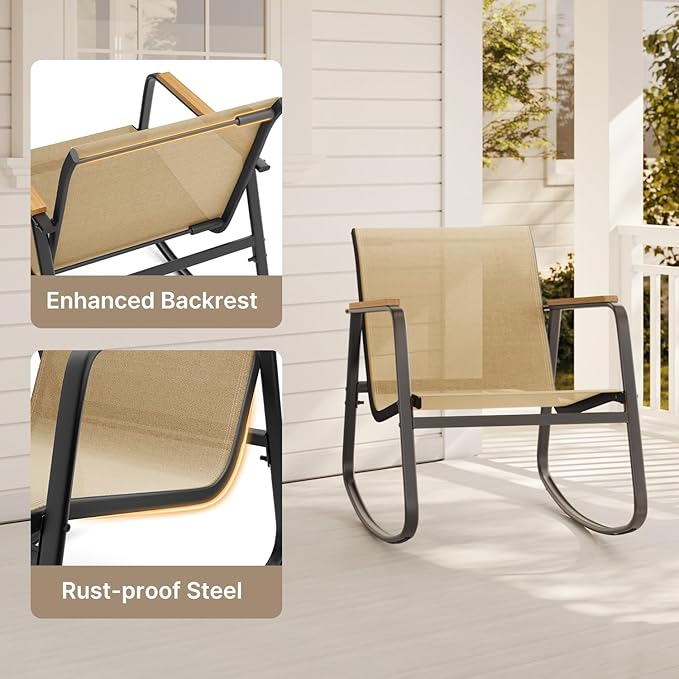 Aiho 3-Piece Patio Furniture Set, Outdoor Furniture with Textilene Fabric Rocker Chairs with Coffee Table, Patio Bistro Sets for Garden, Balcony, Poolside(Brown)
