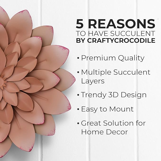 Everydecor Succulent Metal Flowers Wall Decor – Pink, Hand Painted, 3D Flower Art Decoration for Living Room, Bedroom, Kitchen, Bathroom - Floral Decor for Indoor & Outdoor Use