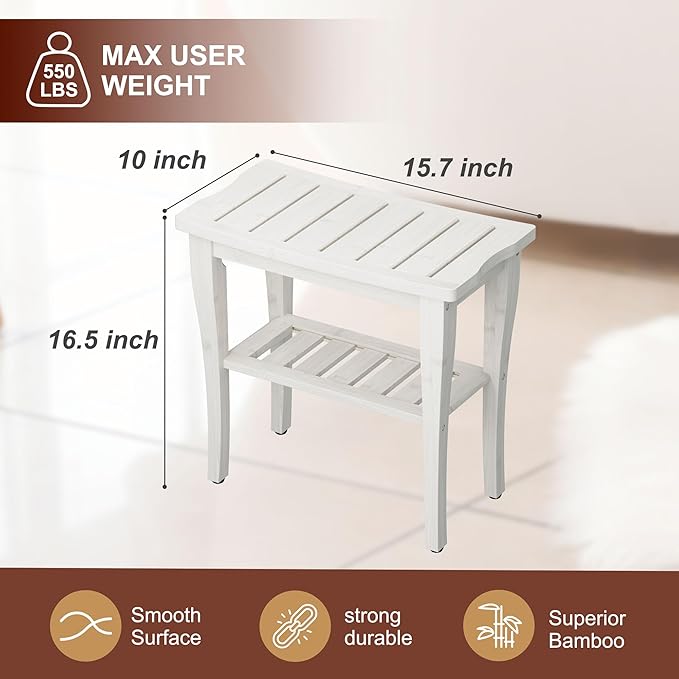 Bamboo Shower Bench Stool with Storage Shelf, Waterproof Shower Chair Spa Bath Seat, Shower Stool for Inside, Bathroom Bench Seat for Adults Elderly Seniors for Indoor or Outdoor Use(White)
