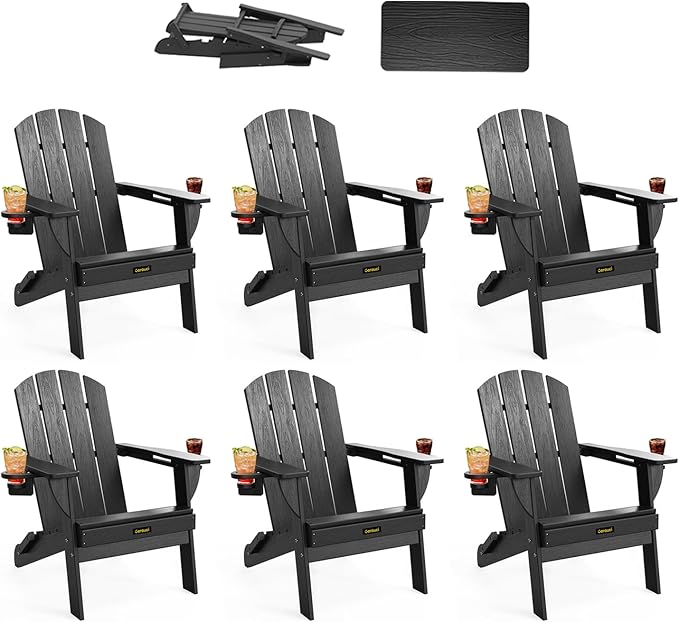 Folding Adirondack Chair Set of 6, Wooden Textured Plastic Adirondack Chairs with 2 Cup Holder, Weather Resistant HDPE Fire Pit Chair, Outdoor Patio Chairs for Garden, Backyard, Lawn, Deck, Black