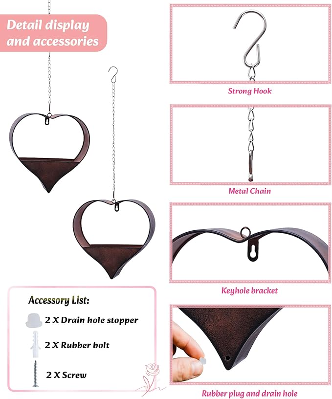 Metal Plant Hangers Indoor and Outdoor: Valentines Day Gifts for Her Wife Women Mom Garden Lovers Birthday - Heart Shape Hanging Planters for Window Wall Living Room Office Decor(2 Pack)