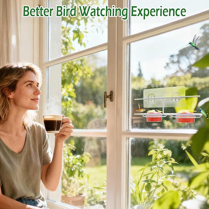 Window Hummingbird Feeder, Small Hummingbird Feeder for Outdoors with Metal Base & 6 Feeding Ports - Suitable for Sliding Glass Doors on Windows and Balcony, Easy to Clean and Refill
