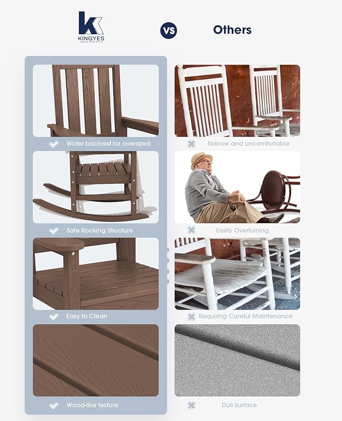 KINGYES Outdoor Rocking Chair Set of 2, All-Weather Patio Rocking Chairs for Porch, HDPE Rocking Outdoor Chairs with High Back for Adult, Heavy Duty Outdoor Patio Rockers for Garden, Lawn, Brown