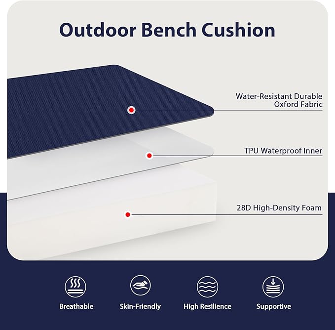 Favoyard Outdoor Bench Cushion 59 x 18 Inch Waterproof Patio Furniture Cushions 3-Year Color Fastness Garden Sofa Settee Couch Swing Pads with Handle and Adjustable Straps, Blue