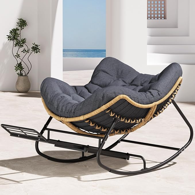 SWITTE Papasan Rocking Chair with Adjustable Footrest, Oversized Wicker Zero-Gravity Outdoor Rocker with Cushion, All-Weather Lounge Chair for Patio, Living Room-Dark Grey