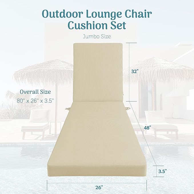 Codi Chaise Lounge Cushions Outdoor, Pool Lounges Chair Cushion Set, Waterproof for Patio Furniture, 80 x 26 x 3.5 Inch 1PK Beige