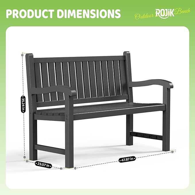 ROJIK Outdoor Bench Resin Patio Chairs Waterproof 2-Person Slatted Chairs with Sturdy Frame, Comfortable Seating for Garden Backyard Porch and Park(Black)