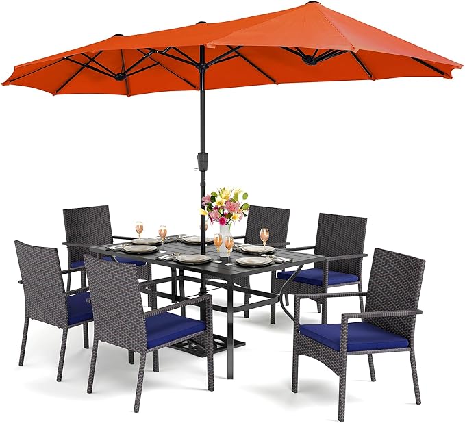 PHI VILLA 7 Piece Patio Dining Set with Umbrella, 60” Rectangular Metal Dining Table & 6 Cushioned Rattan Wicker Chairs & 13ft Large Red Umbrella for Outdoor, Deck, Yard, Porch