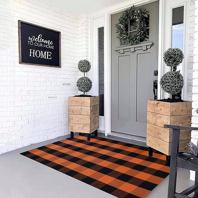 MUBIN Cotton Orange and Black Plaid Rug, 3 x 5 Ft Fall Outdoor Front Door Decorative Mat, Hand-Woven Rug for Layered Door Mats Washable Carpet for Porch, Entryway, Farmhouse, Autumn, Halloween