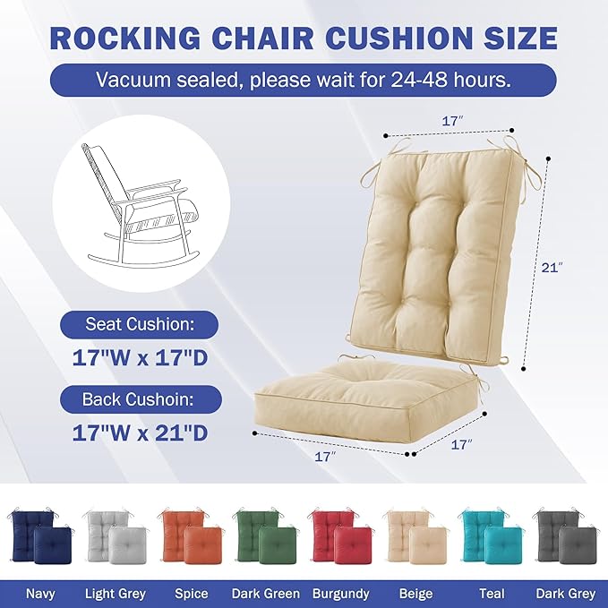Rocking Chair Cushion, Waterproof and Fade-Resistant Patio Chair Cushions, Tufted Chair Pads for Rocker Furniture, 17x17 Inch, Indoor/Outdoor Seat Cushions with Ties, Beige (Pack of 2)
