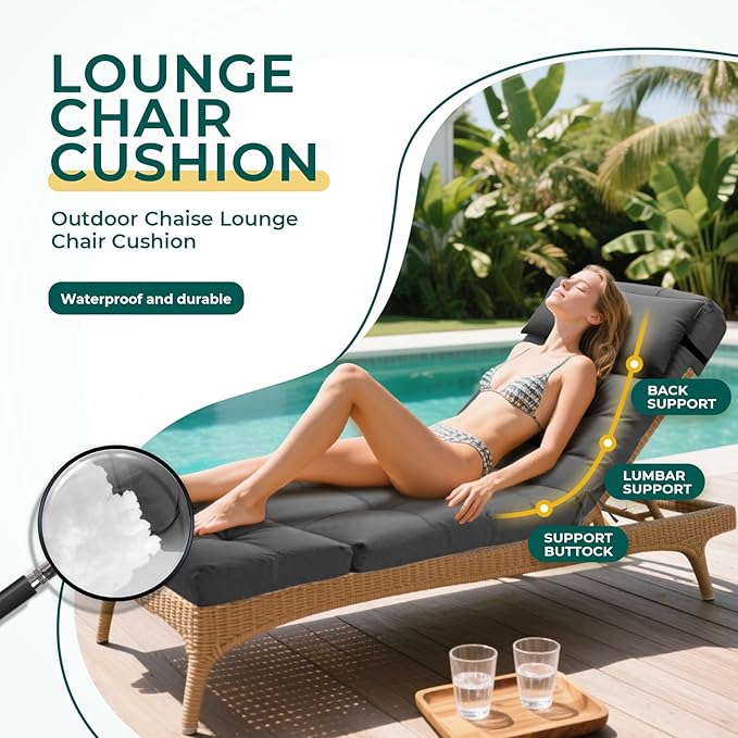 Outdoor Chaise Lounge Chair Cushion Waterproof 74.4 x 22 x 4.7 Inches Lounge Chair Cushions Thickened for Outdoor Furniture with Headrest and Pocket, Replacement Pool Lounge Cushions, Grey