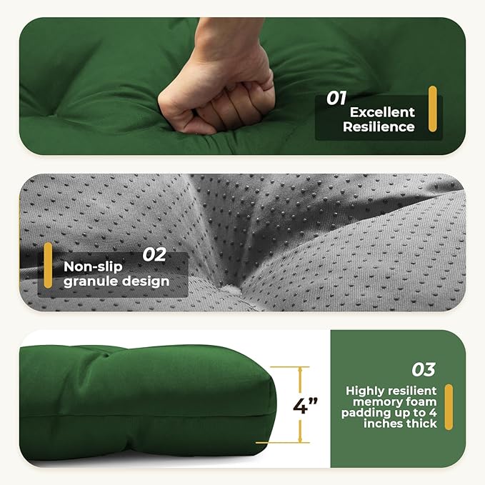 All Weather Chaise Lounge Cushions Outdoor Lounge Chair Cushion, Waterproof Memory Foam Chaise Lounger Chair Cushion Replacement for Outdoor Patio Furniture with Non-Slip Back and Ties, Green