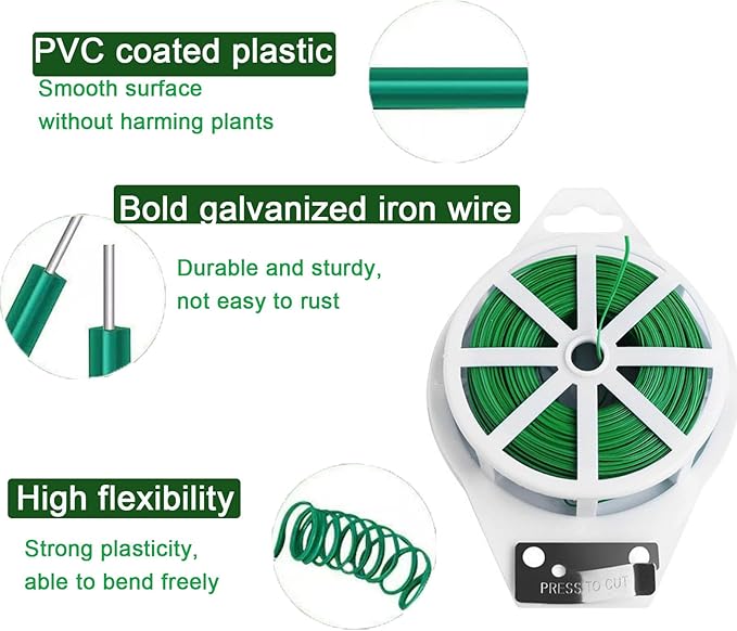 Green Garden Plant Ties,328FT/100m Wire,Sturdy Plant Ties with Cutter for Gardening Plants Growth and Care,Plant Garden Twine Wires for Office Home Cable Organization
