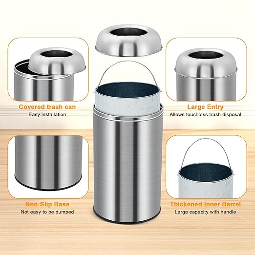 70L/18.5 Gallon Tall Commercial Trash Can, Large Capacity Outdoor Trash Can with Lid, Round Stainless Steel Open Top Waste Bin, Metal Garbage Bin for Home, Office, Restaurant, Restroom
