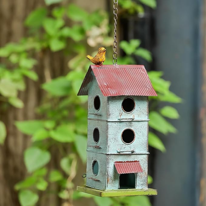 Metal Bird Houses for Outside, 6 Hole Bird Houses for Outside Hanging, Sky Blue Birdhouses for Outdoors Clearance Suitable for Garden Patio Backyard.