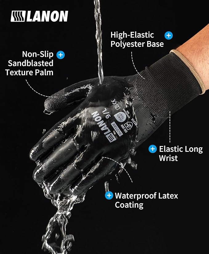 LANON 2 Pairs Waterproof Work Gloves for Men and Women,Double Rubber Coated for Gardening, Outdoor Construction,Car & Fish Cleaning, Non-Slip Grip, Elastic Cuff, Blue&Black,Small