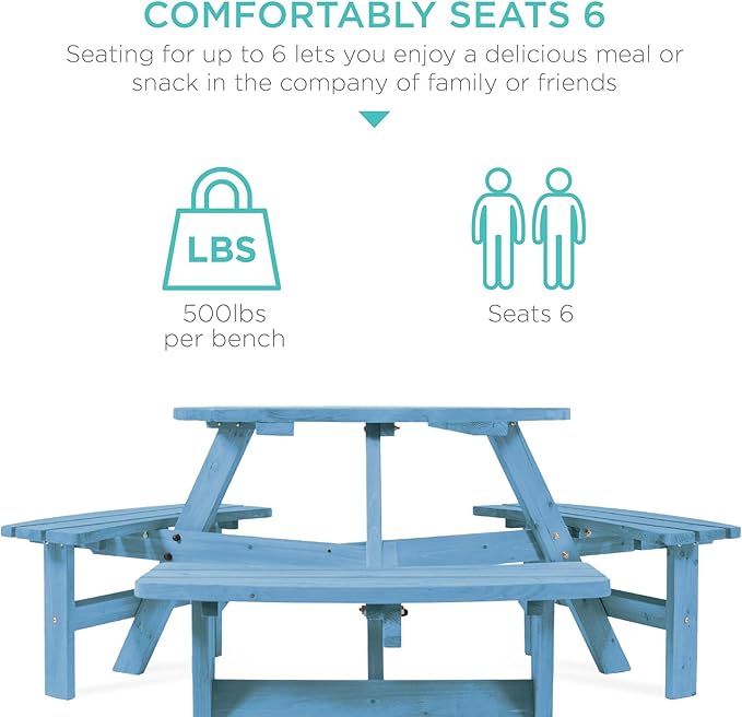 Best Choice Products 6-Person Circular Outdoor Wooden Picnic Table for Patio, Backyard, Garden, DIY w/ 3 Built-in Benches, 500lb Capacity - Seaside Breeze