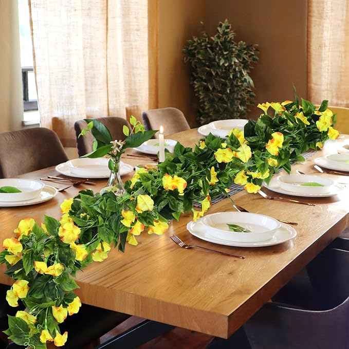 AirSun Artificial Morning Glory Flower Vines, 2pcs 15Feet Hanging Plants Silk Garland Fake Green Plant Home Garden Wall Fence Indoor Outdoor Wedding Birthday Decor