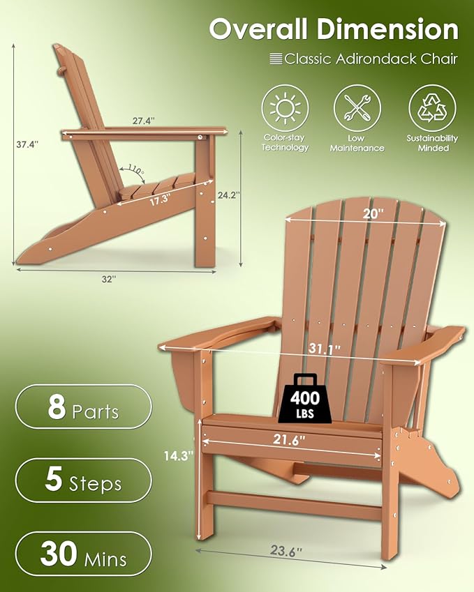GREENVINES Adirondack Chairs Set of 2 | HDPE Plastic | Oversized Fire Pit Chair | All Weather | Teak | Poly Lumber | for Outdoor Deck Backyard Patio Garden