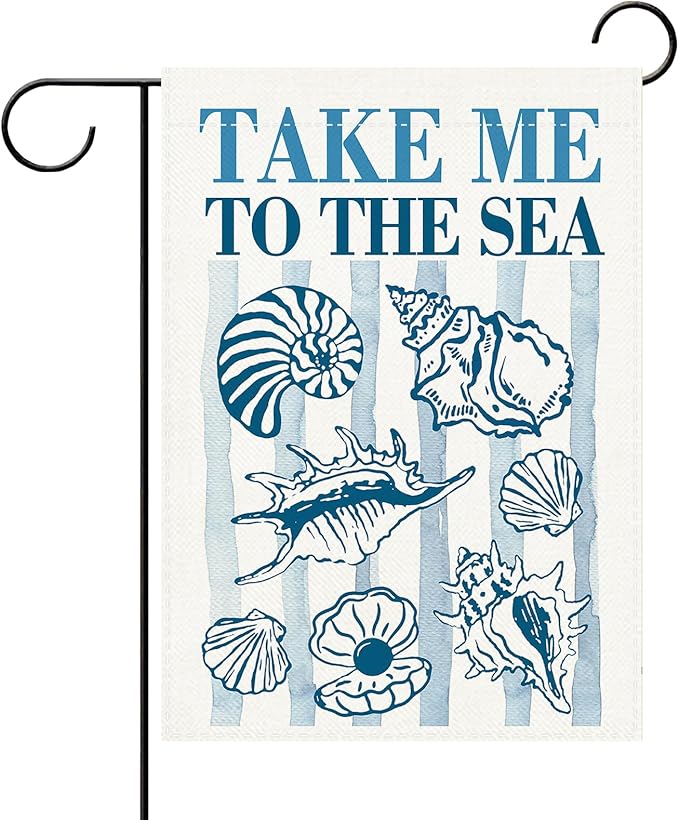 Nautical Conch Shell Decorative Garden Flag, Coastal Beach Take Me To The Sea Small Yard Outside Decorations, Summer Blue Stripes Ocean Burlap Outdoor Home Decor Double Sided 12 x 18
