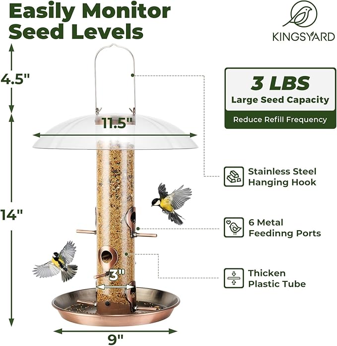 Kingsyard Metal Bird Feeders for Outdoors Hanging, Wild Bird Feeder with Large 11.5" Protective Dome and 8" Removable Tray, 3 lb Seeds Capacity (Antique Copper)