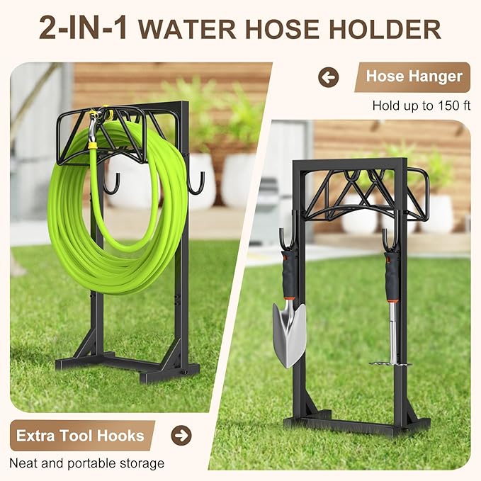 Heavy Duty Freestanding Hose Stand, Garden Water Hose Holder Rack with Tool Hooks, 4 Anchoring Spikes, Holds 150 ft for Lawn & Yard